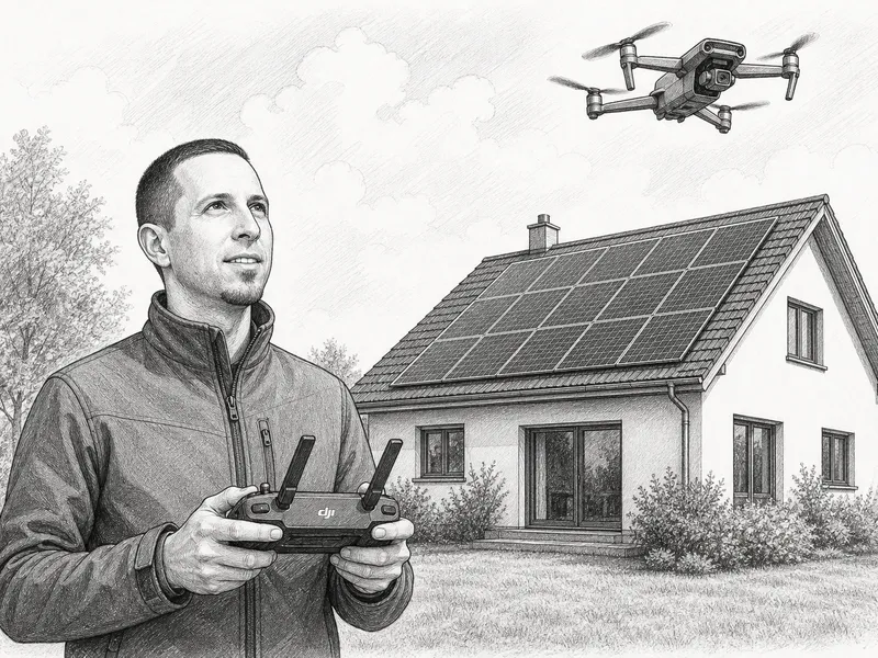 Kresba: Lukáš Valčo ovládá dron nad rodinným domem s fotovoltaikou na střeše