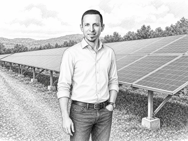 Kresba: Lukáš Valčo stojí u řady fotovoltaických panelů v otevřené krajině
